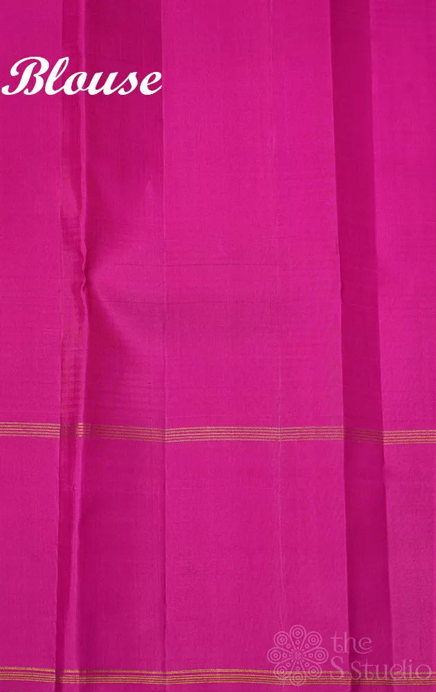 Off white and mustard small kattam kanchipuram silk saree with korvai rani pink border