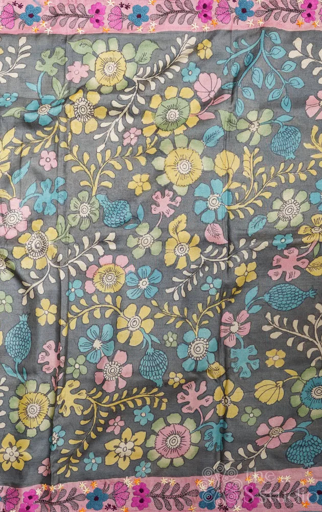 Black pure tussar silk saree with hand painted kalamkari and floral embroidery border