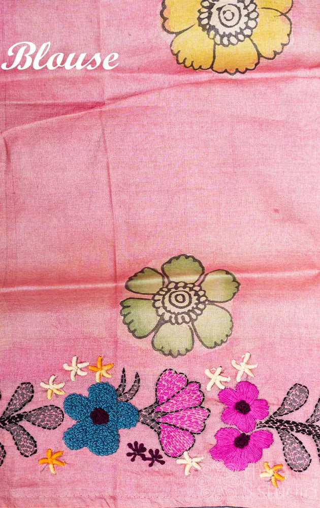 Black pure tussar silk saree with hand painted kalamkari and floral embroidery border