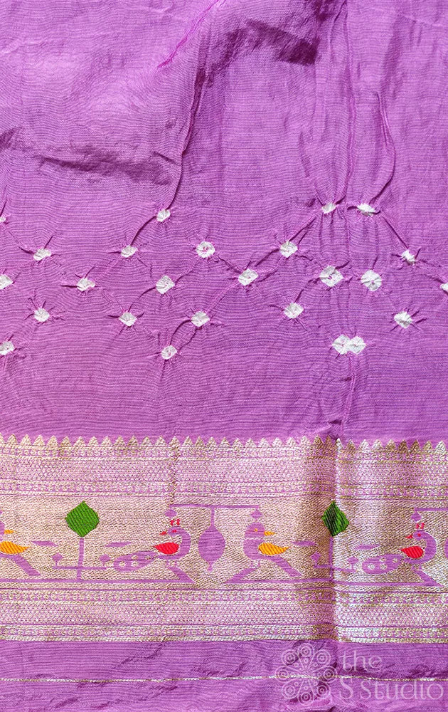 Lavender Semi silk bandhani saree with paithani style border