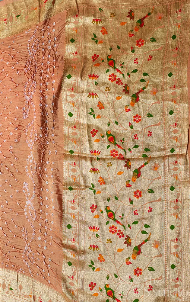 Peach handmade Tie & Dye Semi silk bandhani saree