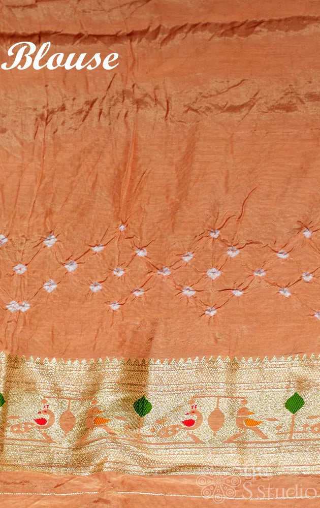 Peach handmade Tie & Dye Semi silk bandhani saree