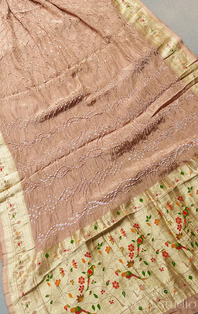 Light Brown Semi silk saree with handmade bandhani work