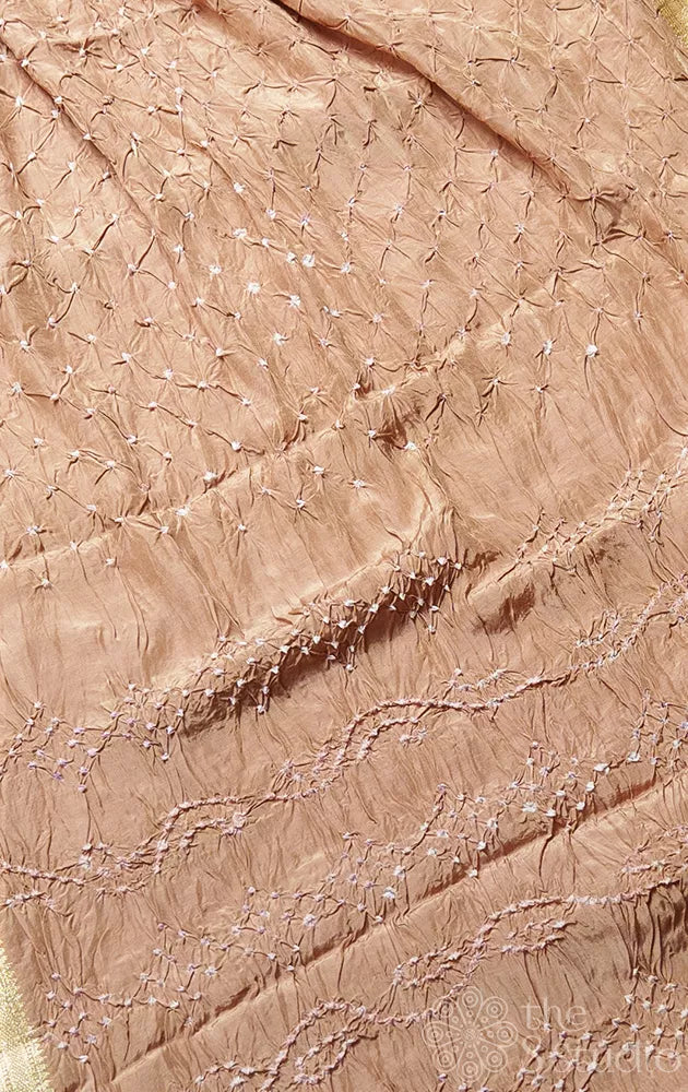 Light Brown Semi silk saree with handmade bandhani work