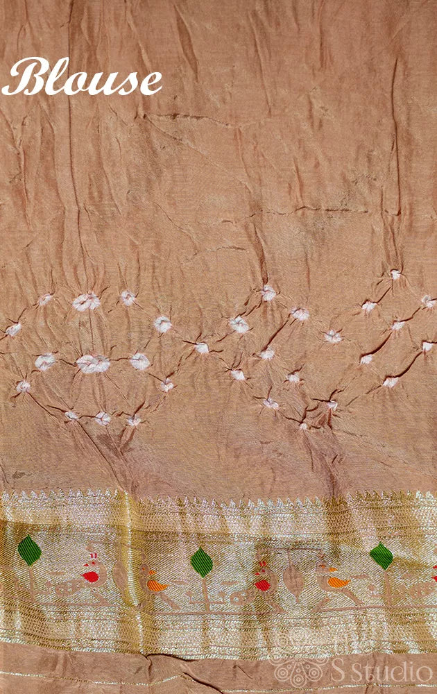 Light Brown Semi silk saree with handmade bandhani work