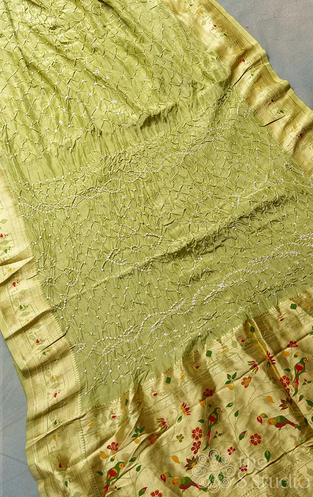 Handmade Pista Green Semi Silk Bandhani Saree with paithani style pallu