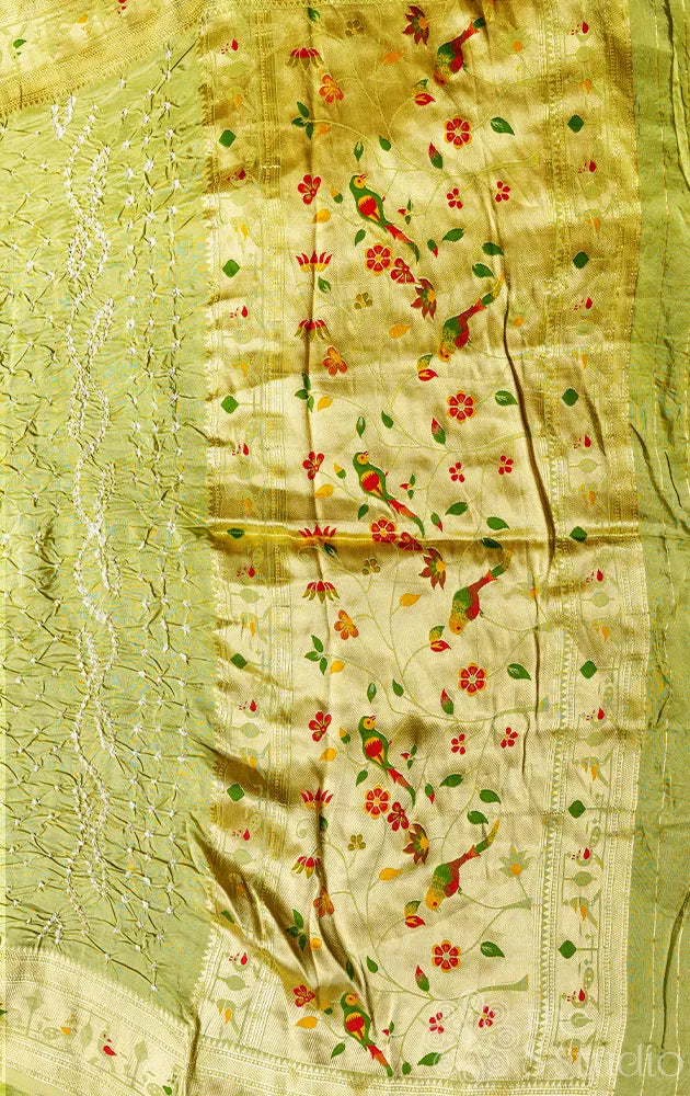 Handmade Pista Green Semi Silk Bandhani Saree with paithani style pallu