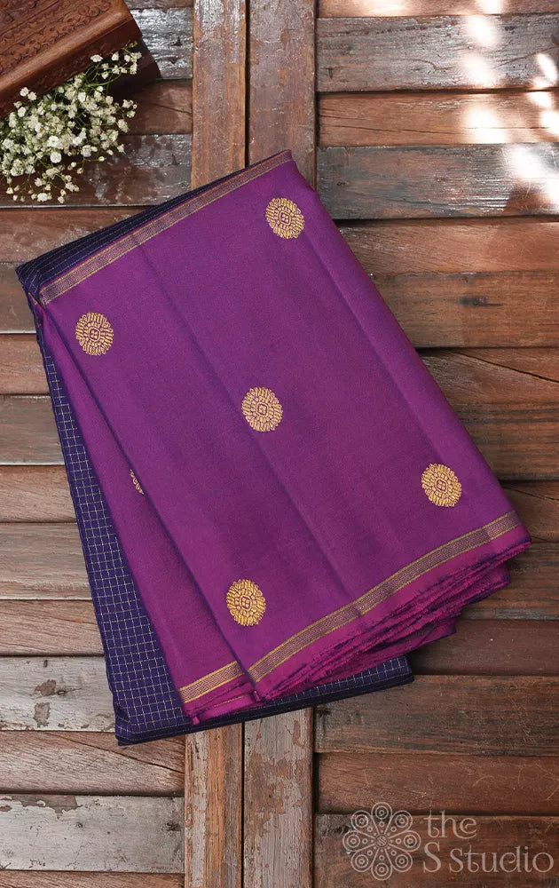Navy Blue checked kanjivaram silk saree with purple long border
