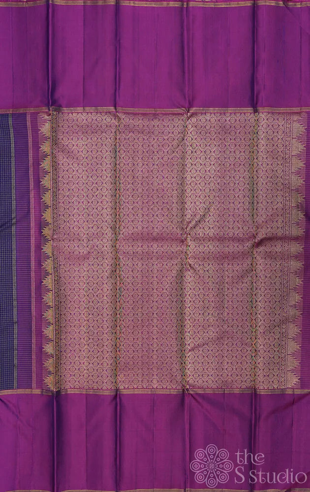 Navy Blue checked kanjivaram silk saree with purple long border