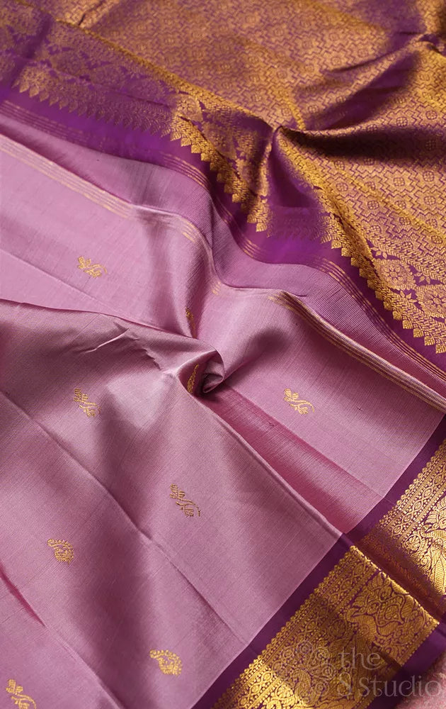 Lavender kanchipuram silk saree with deep purple korvai small border