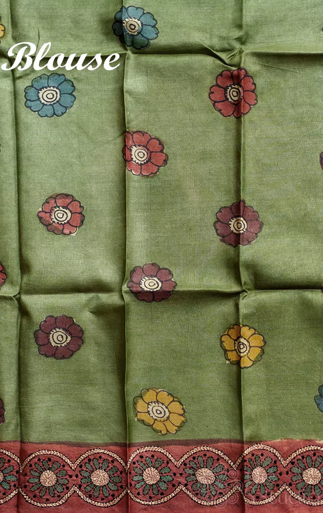 Beige colour tussar kalamkari saree with hand embroidery border