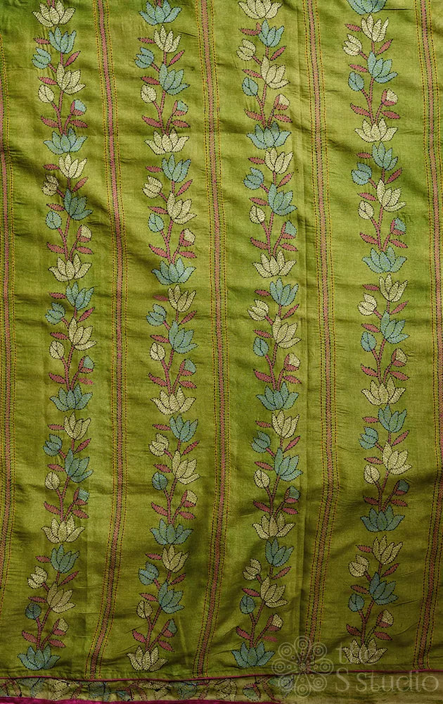 Madder red colour tussar kalamkari saree with green hand embroidered border
