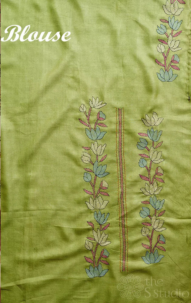 Madder red colour tussar kalamkari saree with green hand embroidered border