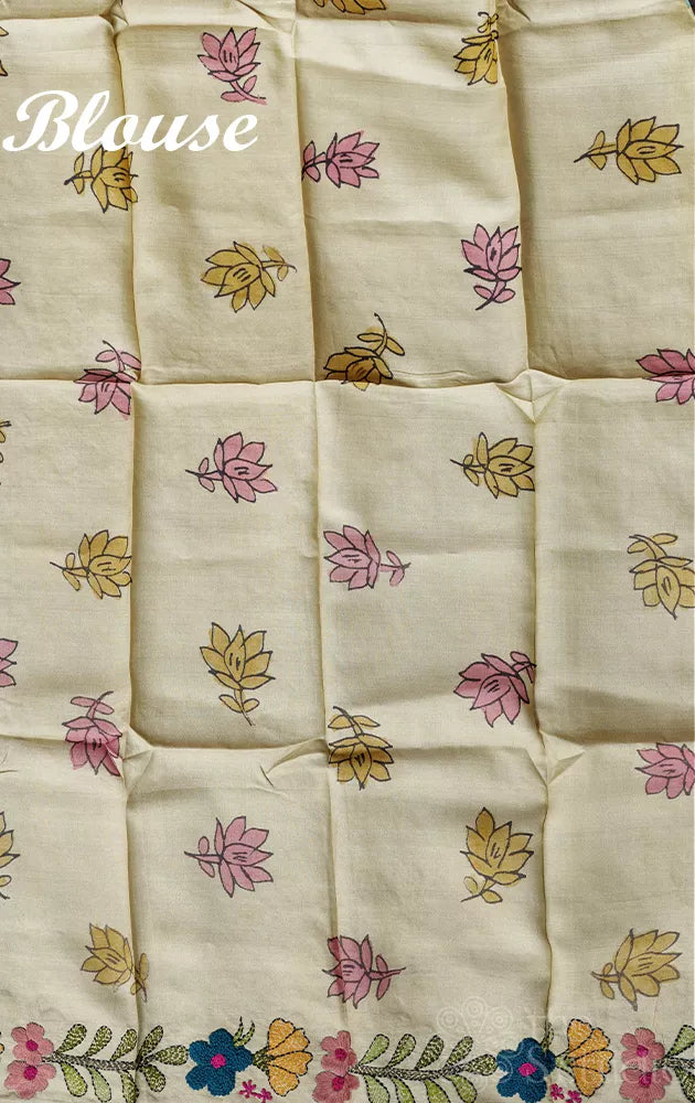 Blue tussar kalamkari saree with off white hand embroidery border