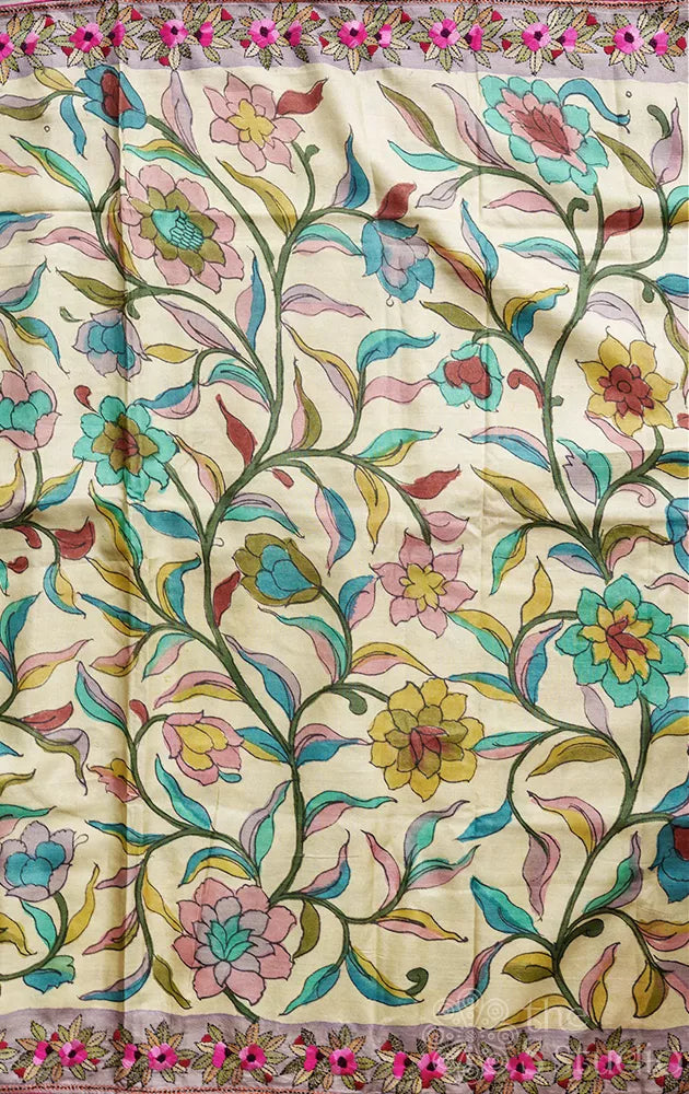Off white tussar hand painted pen kalamkari saree with French knot hand embroidered border
