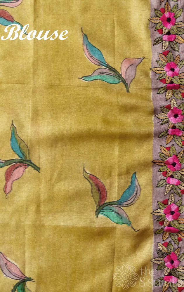 Off white tussar hand painted pen kalamkari saree with French knot hand embroidered border