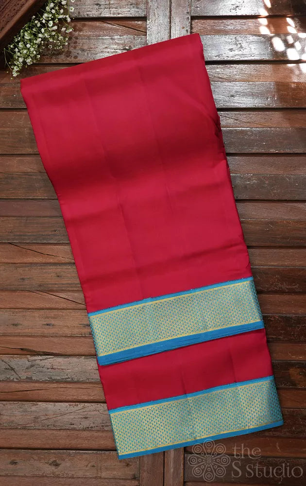 Red madisar 10 yards kanchipuram silk saree with korvai anandha blue border