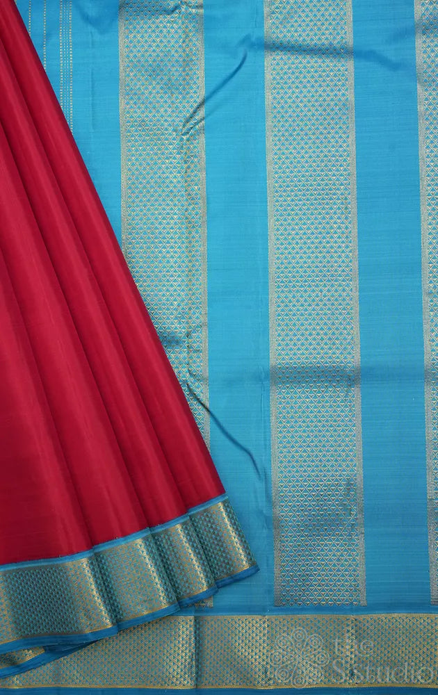 Red madisar 10 yards kanchipuram silk saree with korvai anandha blue border