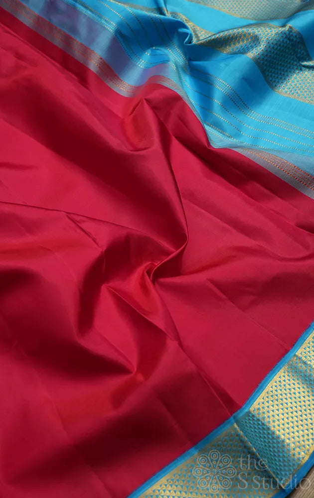 Red madisar 10 yards kanchipuram silk saree with korvai anandha blue border