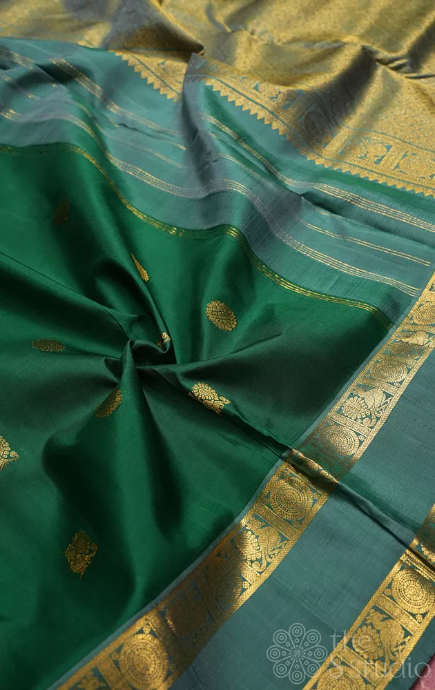 Green 10 yards madisar kanchipuram silk saree with rettaipet border