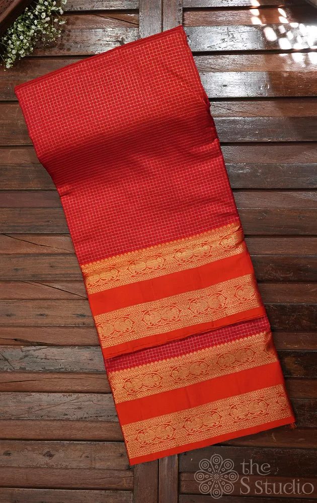 Reddish orange zari checked madisar 10 yards kanchi silk saree with light orange border