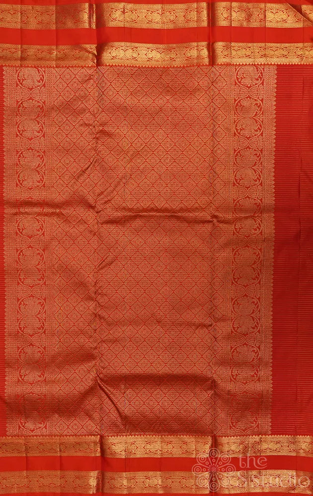 Reddish orange zari checked madisar 10 yards kanchi silk saree with light orange border