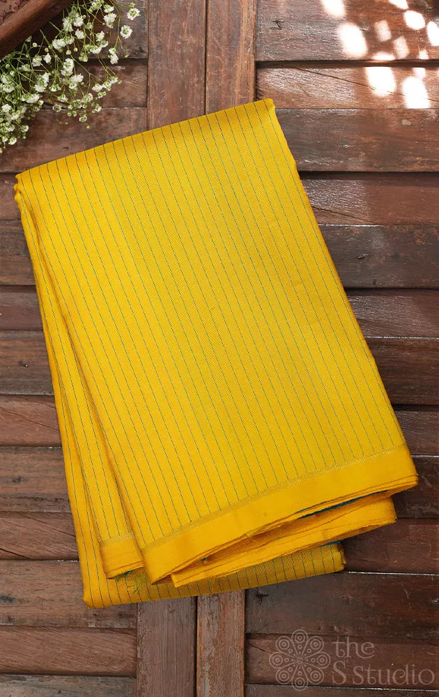Mango yellow Kanchipuram silk saree with contrast blue pallu