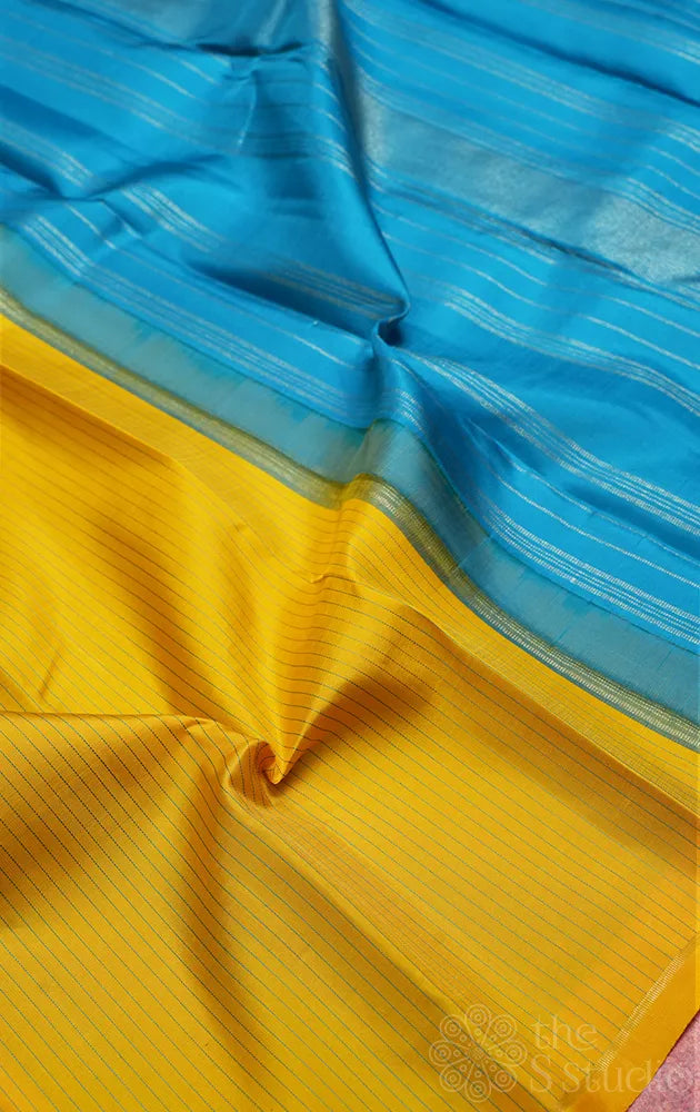 Mango yellow Kanchipuram silk saree with contrast blue pallu