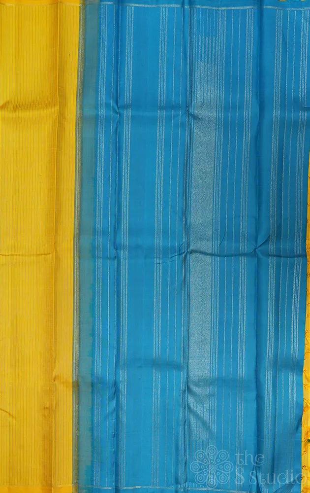 Mango yellow Kanchipuram silk saree with contrast blue pallu