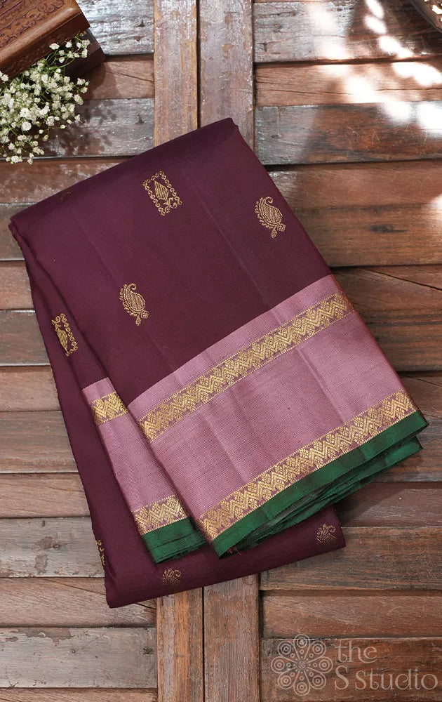 Brown kanjivaram silk saree with contrast pallu