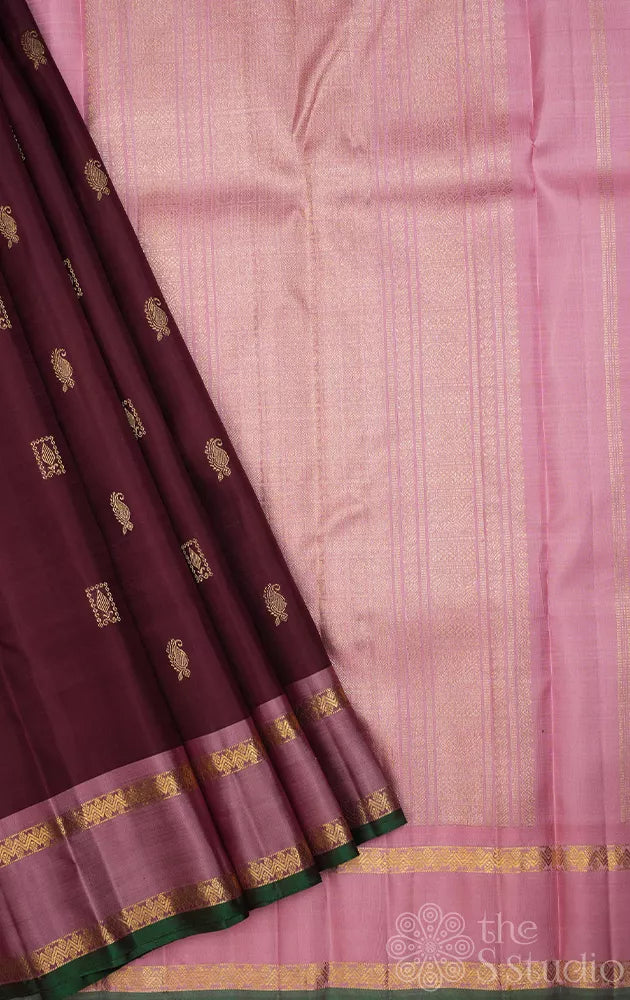 Brown kanjivaram silk saree with contrast pallu