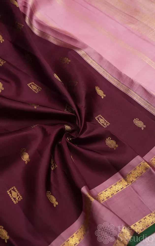 Brown kanjivaram silk saree with contrast pallu