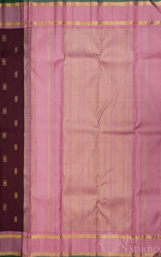 Brown kanjivaram silk saree with contrast pallu