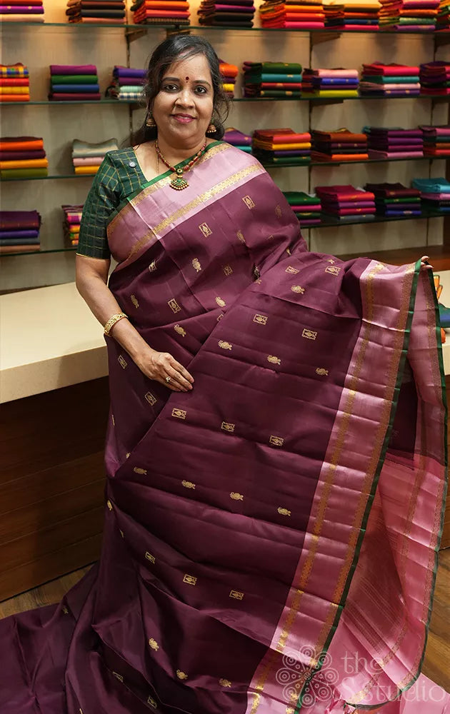 Brown kanjivaram silk saree with contrast pallu