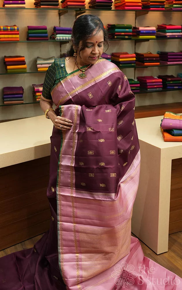 Brown kanjivaram silk saree with contrast pallu