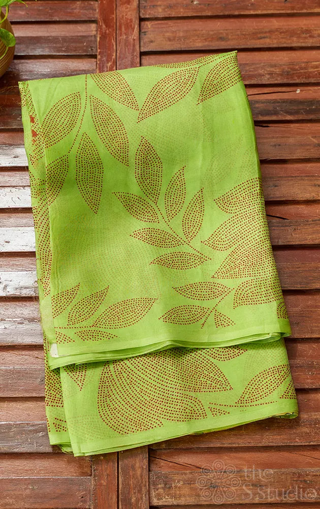 Pista Green organza block printed saree with hand painted kalamkari pallu