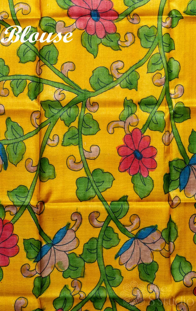 Pista Green organza block printed saree with hand painted kalamkari pallu