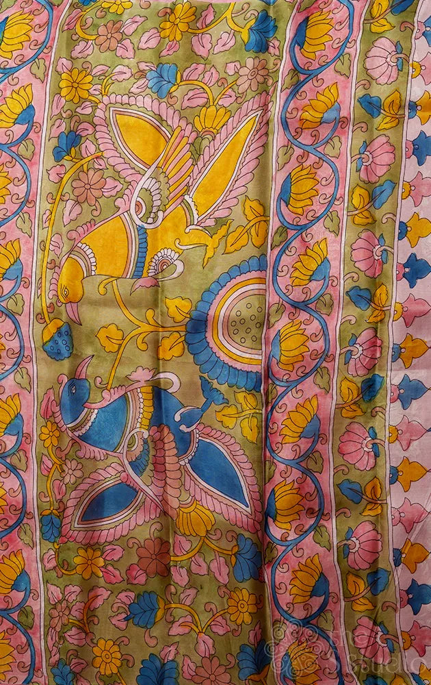Dusty Pink Organza  saree with floral block print and hand painted kalamkari pallu