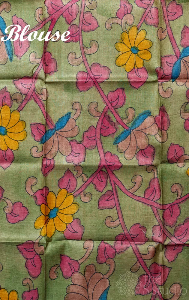 Dusty Pink Organza  saree with floral block print and hand painted kalamkari pallu