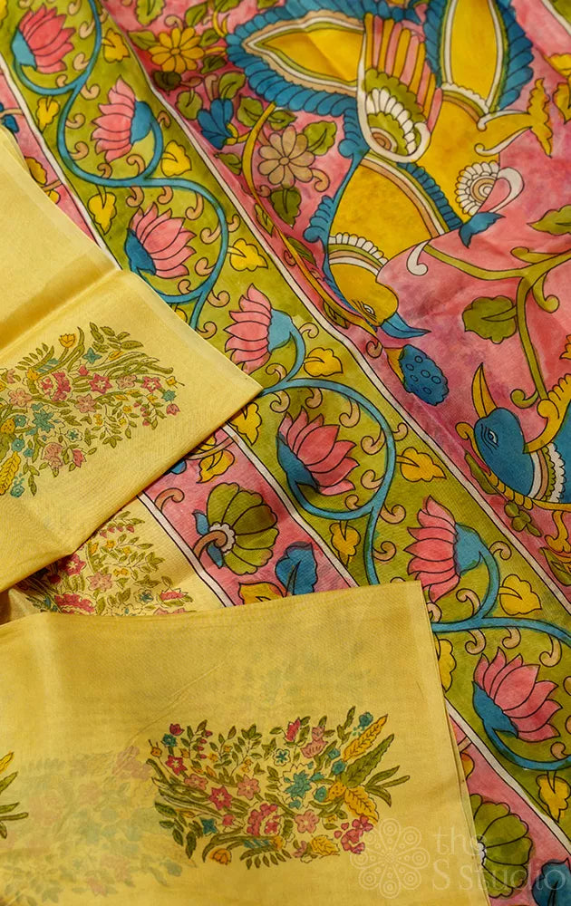 Light Yellow organza saree with floral block print and hand painted Kalamkari pallu