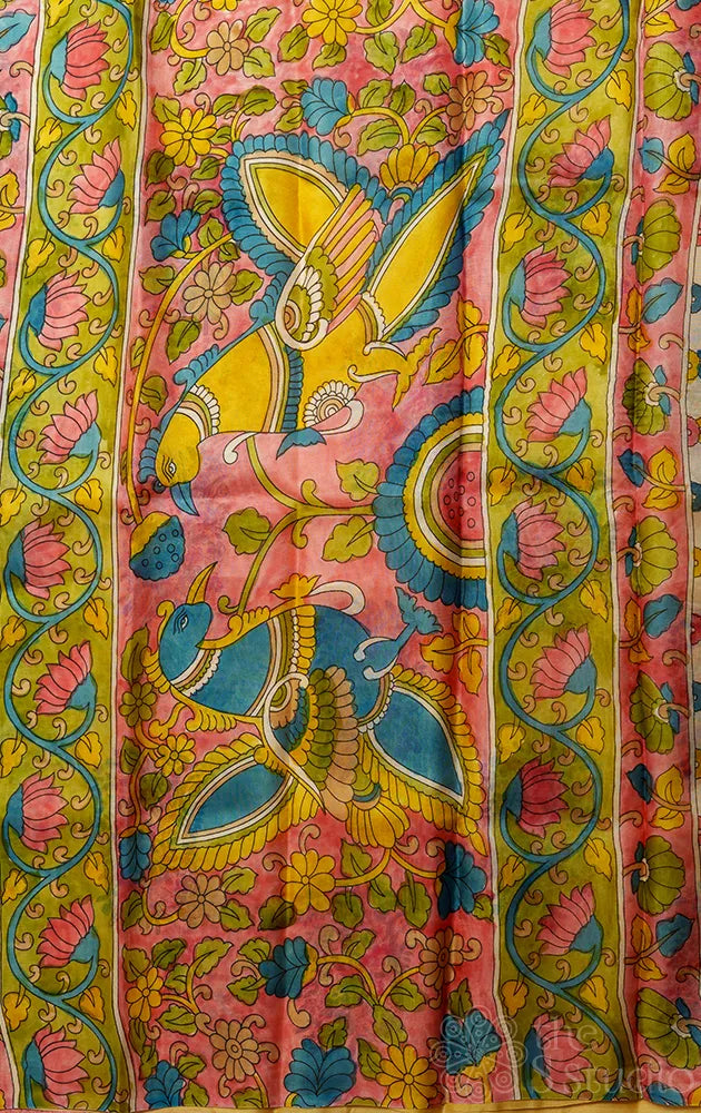Light Yellow organza saree with floral block print and hand painted Kalamkari pallu