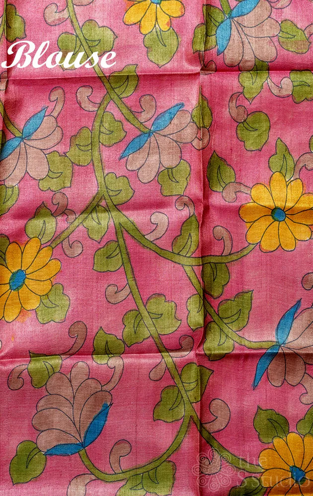 Light Yellow organza saree with floral block print and hand painted Kalamkari pallu