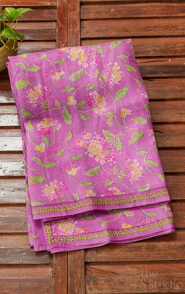 Light violet organza floral block print saree with hand kutch embroidery