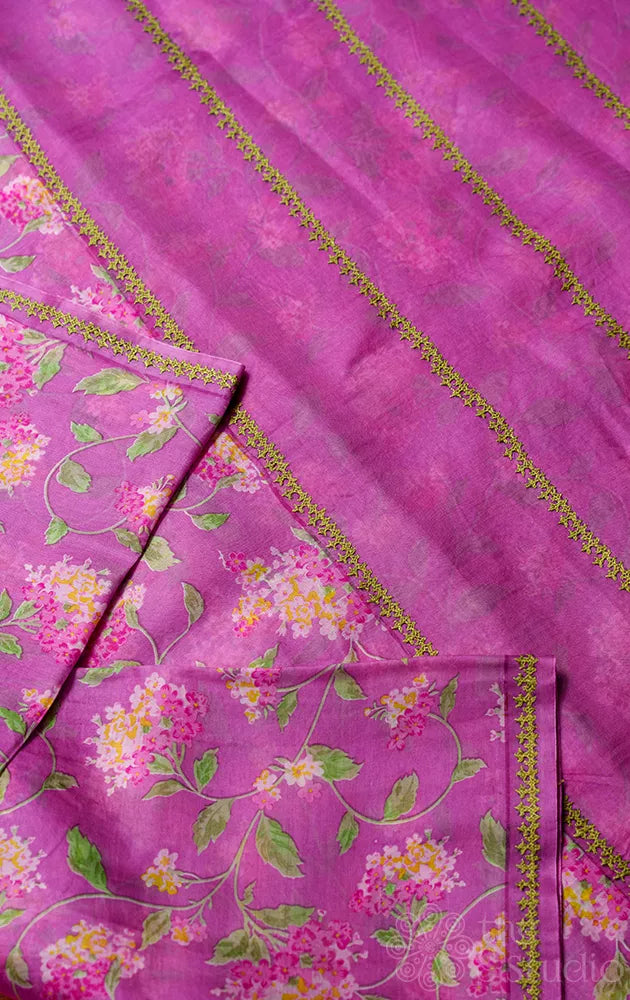 Light violet organza floral block print saree with hand kutch embroidery