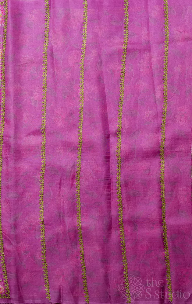 Light violet organza floral block print saree with hand kutch embroidery