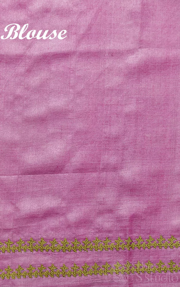 Light violet organza floral block print saree with hand kutch embroidery