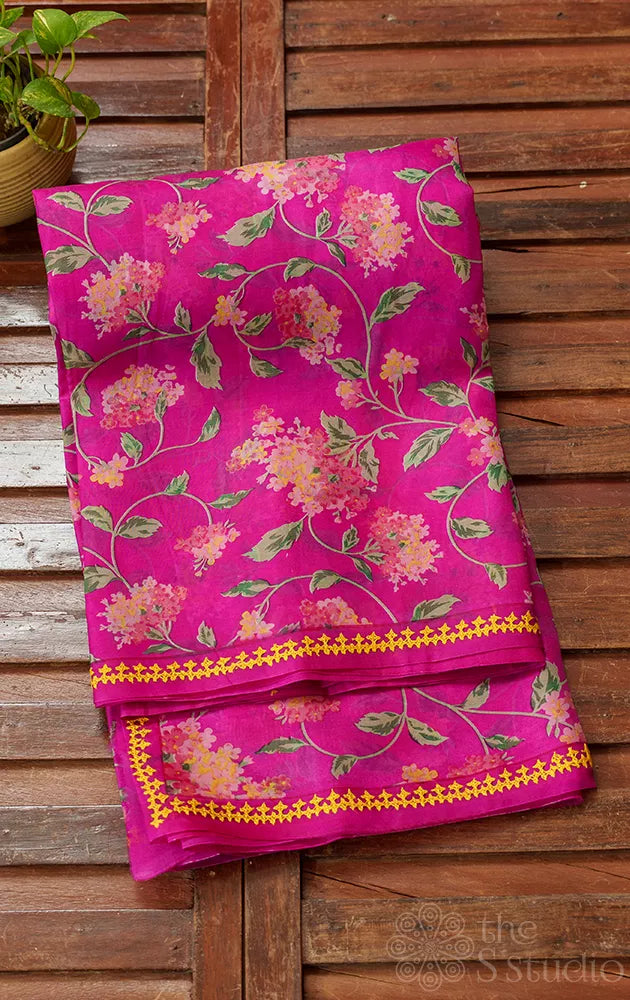 Floral printed Magenta organza saree with hand kutch embroidery