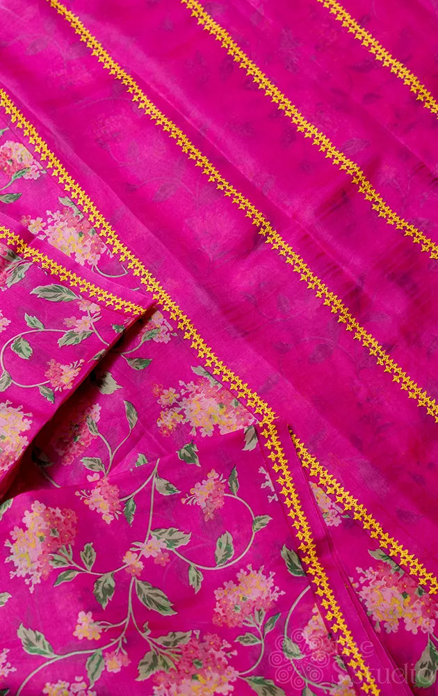 Floral printed Magenta organza saree with hand kutch embroidery