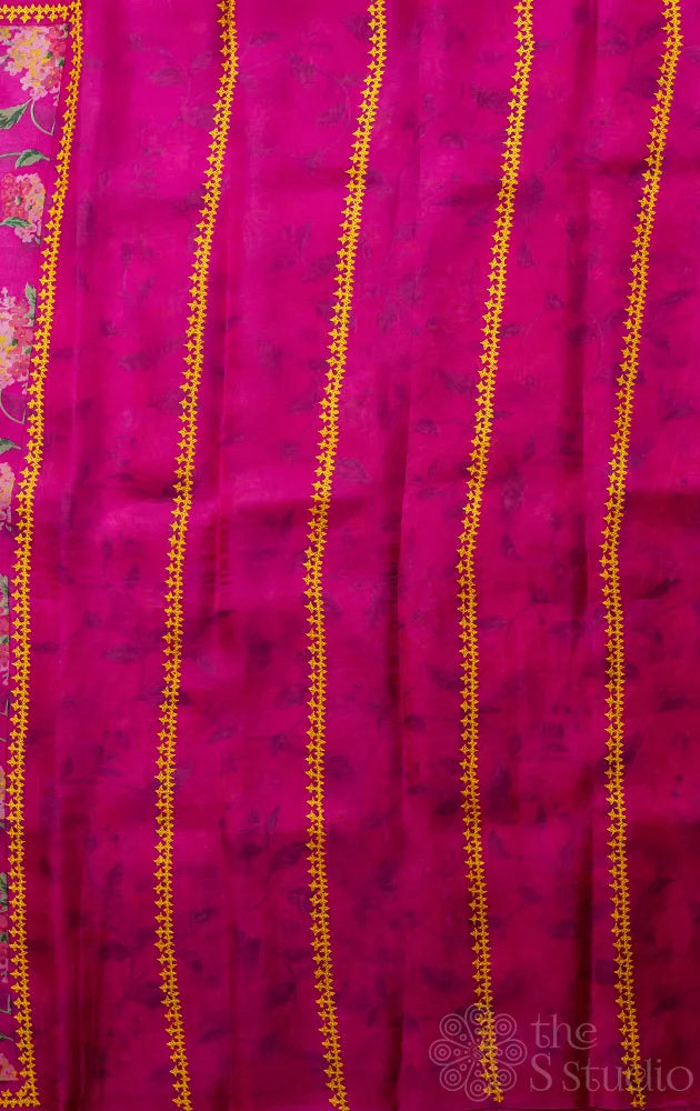 Floral printed Magenta organza saree with hand kutch embroidery