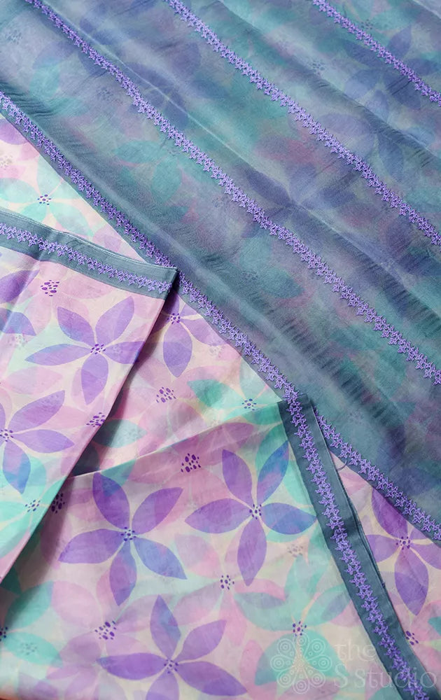 Pink, aqua blue and lavender floral block printed organza saree with hand kutch embriodery